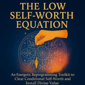 May include: A digital illustration with a dark blue background features the text "THE LOW SELF-WORTH EQUATION" in gold. A hand holds a pendulum over a mandala design. The text below reads "An Energetic Reprogramming Toolkit to Clear Conditional Self-Worth and Install Divine Value."