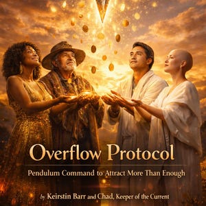 Puede incluir: Portada de libro digital "Overflow Protocol: Pendulum Command to Attract More Than Enough". La imagen muestra a cuatro personas mirando hacia arriba un colgante de cristal brillante. El fondo es un cielo dorado.