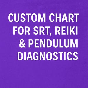 May include: A purple background with white text that reads "CUSTOM CHART FOR SRT, REIKI & PENDULUM DIAGNOSTICS". The text is in a sans-serif font.