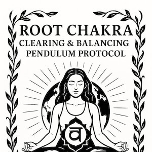 Op de afbeelding: Zwart-wit illustratie van een mediterende vrouw met de aarde op de achtergrond. De tekst "ROOT CHAKRA CLEARING & BALANCING PENDULUM PROTOCOL" staat bovenaan, omlijst door decoratieve bladeren.