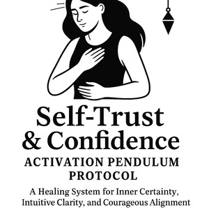 May include: Monochrome illustration of a woman with a halo, hands on her chest, and closed eyes. The image includes the text "Self-Trust & Confidence" and "Activation Pendulum Protocol". It promotes a healing system.