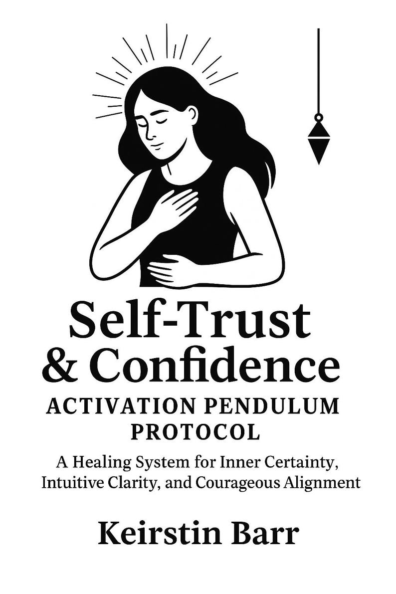 May include: Monochrome illustration of a woman with a halo, hands on her chest, and closed eyes. The image includes the text "Self-Trust & Confidence" and "Activation Pendulum Protocol". It promotes a healing system.