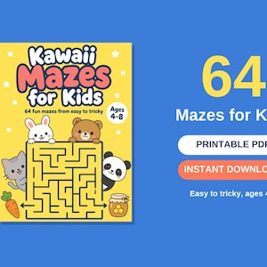 May include: A yellow activity book cover titled Kawaii Mazes for Kids with 64 fun mazes from easy to tricky for ages 4-8. The cover features illustrations of a white rabbit, brown bear, gray cat, and panda surrounding a maze, with a carrot and honey pot.
