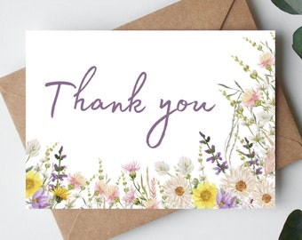 Bedankkaart, afdrukbare bedankkaart, bloemenbedankkaart, Wildflower-kaart, kaart met bloemen, digitale download, afdrukbare bloemenkaart
