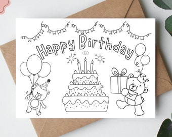 Printable birthday card, Birthday coloring card, Birthday card with bears, Digital birthday card, Kids coloring birthday card