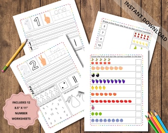 Printable toddler worksheets,  preschool, kindergarten, home school, learn to count, digital download, toddler busy book, learning numbers