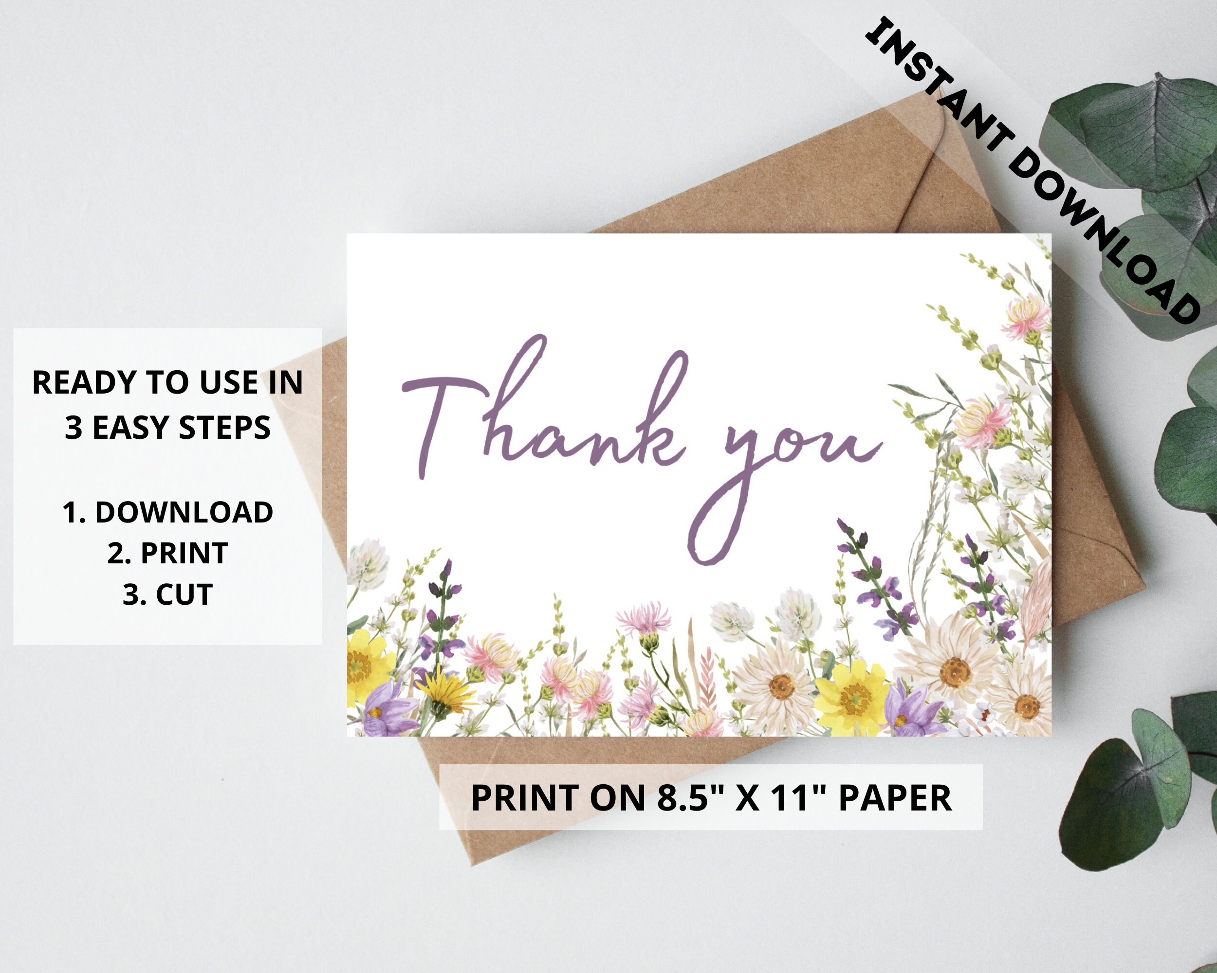 Thank You Card, Printable Thank You Card, Floral Thank You Card ...