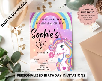 Printable personalized unicorn birthday invitation, rainbow unicorn birthday invitation, unicorn birthday, printable digital download