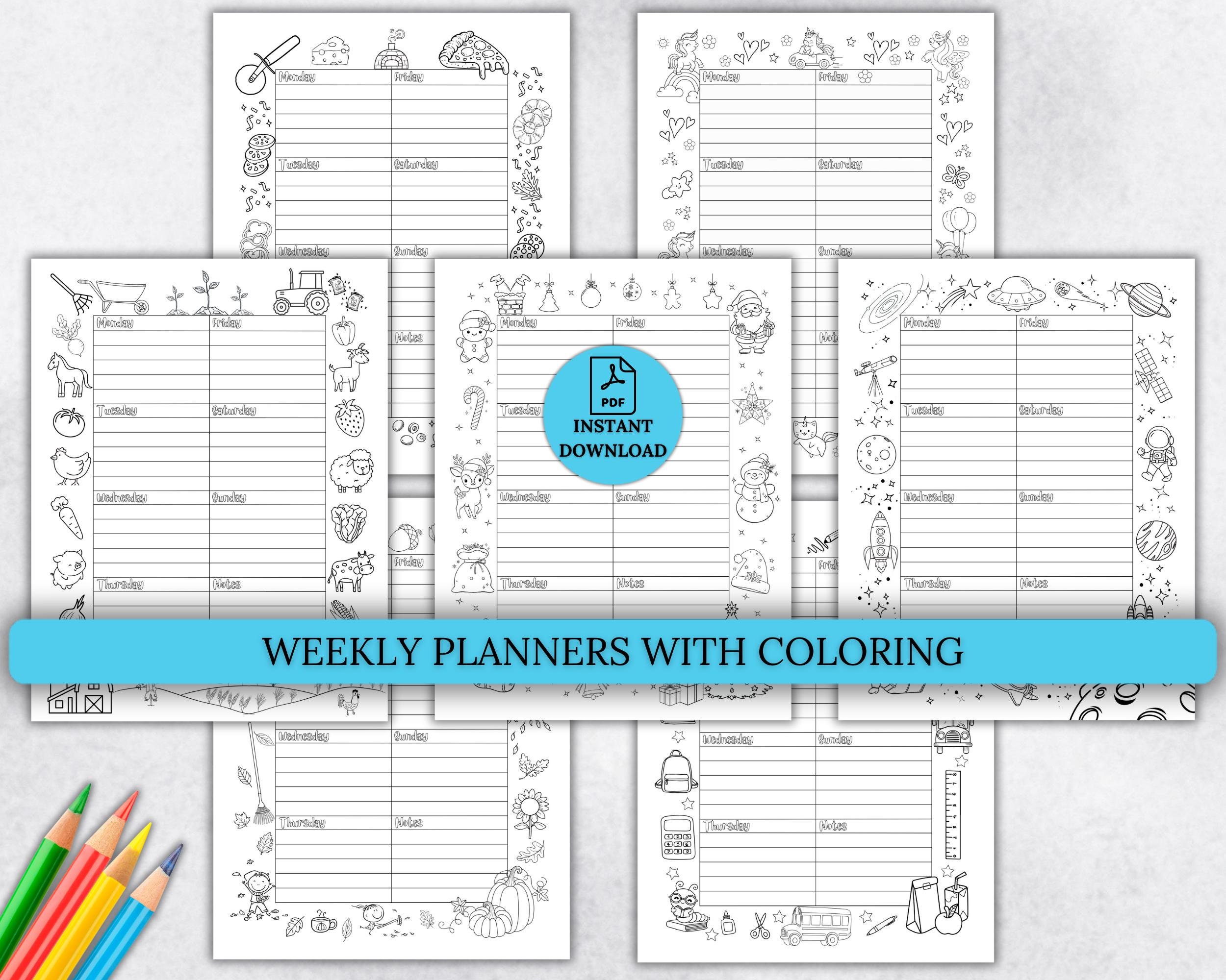 Printable weekly planner with coloring, coloring planner, coloring for kids, printable planner, planner for kids, homeschool calendar