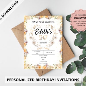 Printable floral birthday invitation, printable birthday invitation, wildflower invitation, digital invitation, printable party invite