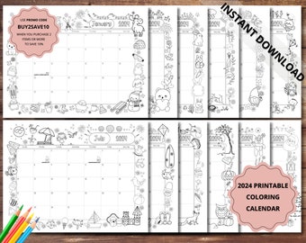 2024 Printable coloring calendar, 12 month calendar, 2024 planner, monthly calendar, calendar for kids, printable calendar, 2024 calendar