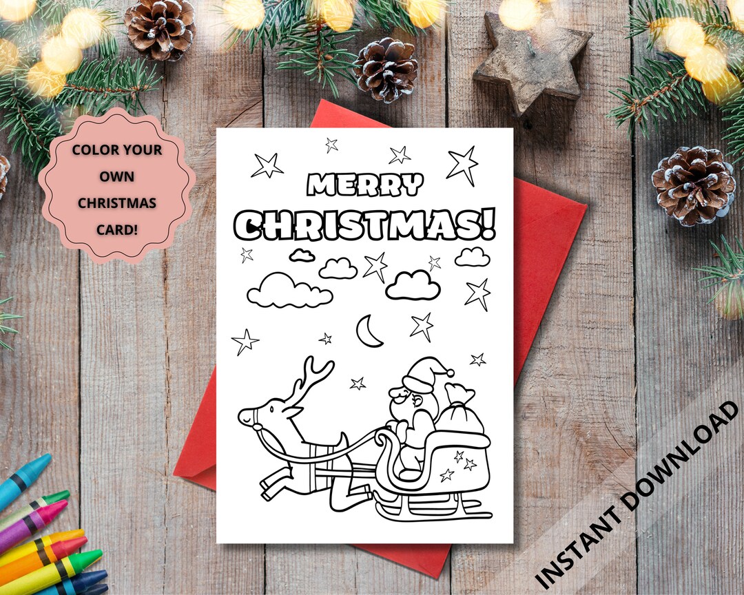 Printable Coloring Christmas Card, Santa Sleigh Card, Digital Coloring ...