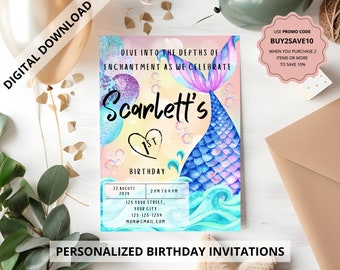 Printable personalized mermaid birthday invitation, mermaid invitation, mermaid birthday, mermaid printable invite, custom mermaid invite