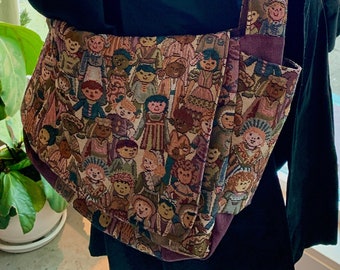 Large Crossbody Messenger Bag with ethnic print with 4 pockets and flap and wide shoulder strap