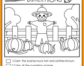 May include: A black and white printable worksheet titled FALL FOLLOWING DIRECTIONS featuring a scarecrow in a field with pumpkins and a fence. The page includes five numbered instructions for coloring and drawing, with blank checkboxes for tracking progress.
