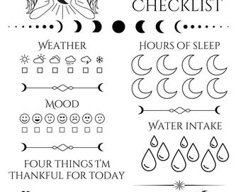 Op de afbeelding: Zwart-witte dagelijkse zelfzorgchecklist met illustraties van een vrouw, manen, weericonen, stemminggezichten, waterdruppels en lijnen om te schrijven. Bevat de tekst "Today I Choose Joy".