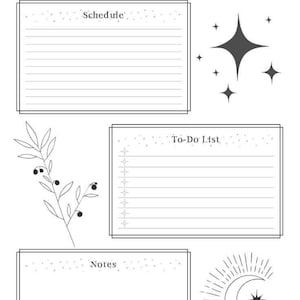 May include: A monochrome daily planner with sections for schedule, to-do list, and notes. The planner features celestial illustrations, including stars, a crescent moon, and botanical elements. The title "Daily Planner" is written in elegant script.