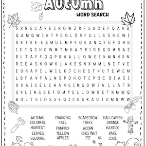 May include: A black and white printable activity sheet titled Autumn Word Search. The page features a grid of letters for finding words, surrounded by line art illustrations of leaves, a pinecone, acorns, a rake, a pumpkin, and a squirrel.