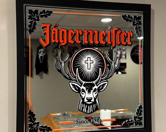 Jägermeister Kräuterlikör | Schwarzer Rahmen Alkohol Wand Spiegel Schild Dekor | Mann Höhle Bar Dekor | Geschenkidee |