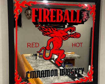 Fireball Cinnamon Whiskey | Black Framed Whiskey Alcohol Wall Decor | Man Cave Bar Decor | Whiskey Fan Gift |