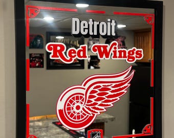 Custom Detroit Red Wings NHL Hockey Mirror |  Framed NHL Red Wings Wall Decor | Sports Room Decor |  Sports NHL Fan Gift |