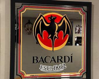 Bacardi Rum | Black Framed Alcohol Wall Mirror Sign Decor | Man Cave Bar Decor | Gift idea |