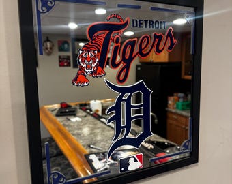 Custom Detroit Tigers Mirror | Black Framed Baseball Wall Decor | MLB Fan Room Decor | Sports Bar Mirror | Detroit Tigers Gift