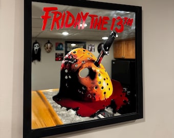 Anpassad Jason Voorhees-spegel med Fredagen den 13:e | Svart inramad skräckväggdekoration | Skräckfilmsrumsdekoration | Skräckfan-present |