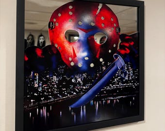 Anpassad Jason Voorhees-spegel med Fredagen den 13:e | Svart inramad skräckväggdekoration | Skräckfilmsrumsdekoration | Skräckfan-present |