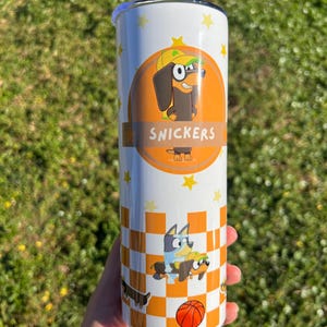20 Oz snickers | dachshund | dog | blue | cute | tumbler | cup | bluey | orange | cartoon