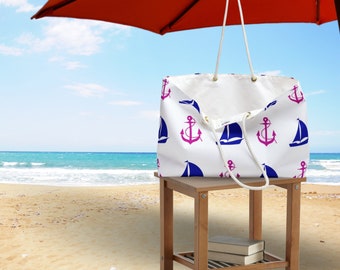 Anchor and Sail Boat Weekender Tote Bag, Nautical Themed Oversized Carry All