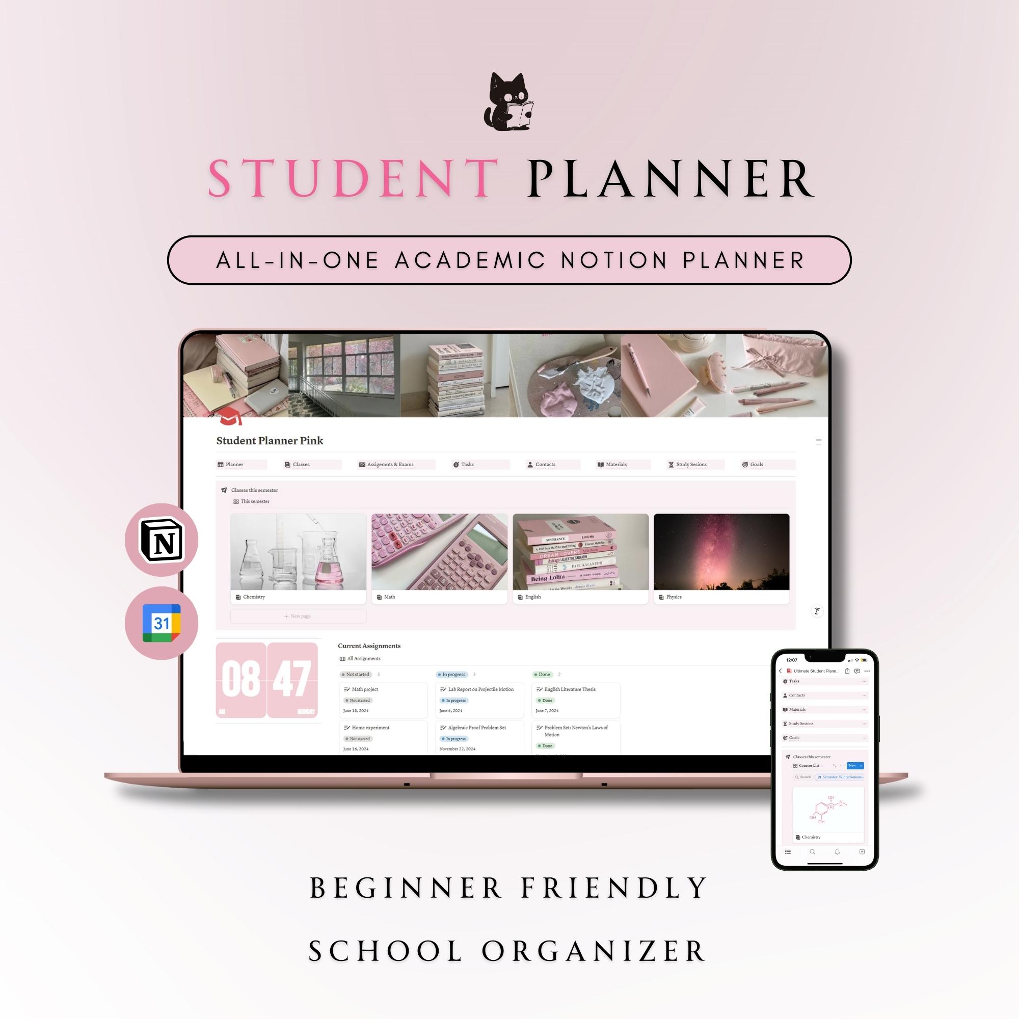 Pink Student All-In-One Planner | Ultimate Notion Planner | Notion Dashboard | Academic Notion Template | Digital Planner
