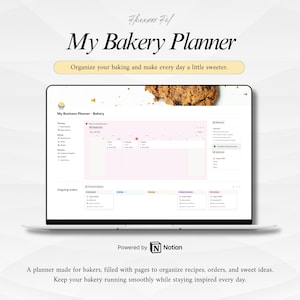 May include: A digital planner displayed on a laptop screen, titled "My Bakery Planner." The screen shows a pink and white interface for organizing recipes and orders. The text "Organize your baking and make every day a little sweeter" is also visible.