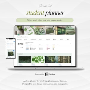 Op de afbeelding: Een laptop en smartphone tonen een studentenplanner-interface. Het laptopscherm toont een gedetailleerde plannerindeling met afbeeldingen en tekst. De smartphone weerspiegelt het ontwerp van de planner. De tekst luidt "student planner".