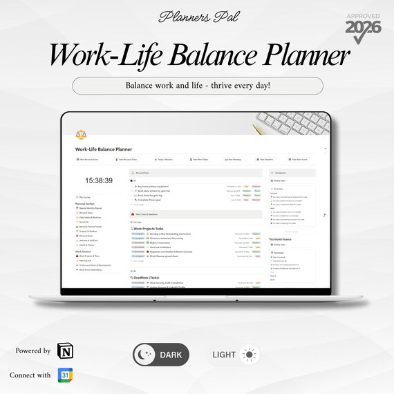 Work-Life Balance Planner | Notion Work-Life Planner | Work Template | Meetings Management | Career | Digital Work-Life Planner |
