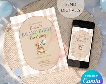 Editable Beary First Birthday Invitation DIGITAL DOWNLOAD
