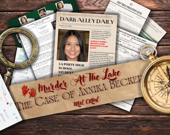 Kit di gioco per detective del gioco del mistero dell'omicidio Kit di gioco per la festa di Halloween Gif personalizzata Kit per la stanza di fuga fai da te File di casi irrisolti di vero crimine PDF stampabile