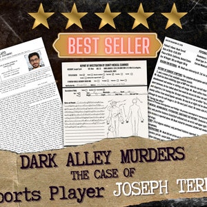 Puede incluir: Una portada de libro con un fondo de papel marrón rasgado. El título "Dark Alley Murders: The Case of E-Sports Player Joseph Terrell" está en texto blanco. La portada también presenta una calificación de cinco estrellas y las palabras "Best Seller".