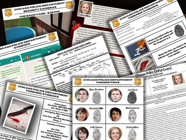 Puede incluir: Una colecci&oacute;n de documentos y fotos relacionados con una investigaci&oacute;n criminal. Los documentos incluyen un informe de investigaci&oacute;n, un informe de evidencia forense y una declaraci&oacute;n de un testigo. Las fotos incluyen un primer plano de un cuchillo ensangrentado, una tarjeta de huellas dactilares y una foto de una mujer joven.