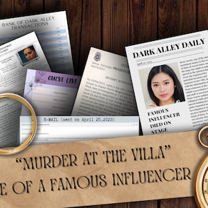 May include: A detective-themed composition featuring documents, a magnifying glass, and a compass. Headlines include "Dark Alley Daily" and "Famous Influencer Died on Stage." The text "Murder at the Villa" is also visible.