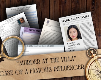May include: A crime scene investigation theme with documents, a magnifying glass, and a compass. Headlines include "Dark Alley Daily" and "Famous Influencer Died on Stage." The text "Murder at the Villa" is also visible.