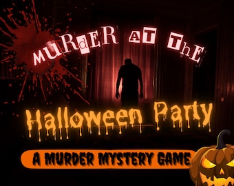 Puede incluir: Un póster de juego de misterio de asesinato para una fiesta de Halloween con una silueta de una persona en una puerta, una salpicadura de sangre y una calabaza tallada. El texto dice "Asesinato en la fiesta de Halloween, Un juego de misterio de asesinato".
