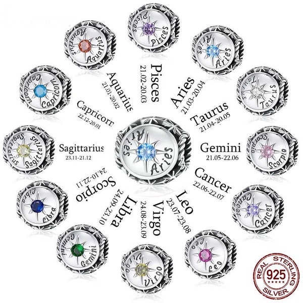 Sterling Silber 925 Horoskop Charms, Sternzeichen Charms, Sterne Symbole Anhänger, personalisierte Charms für Pandora Armband, Geschenke für die Familie