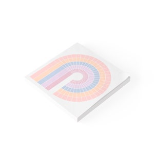 May include: A stack of pastel pink, blue and orange sticky notes with a rainbow design. The design is a semi-circle with a series of concentric circles in different colours.