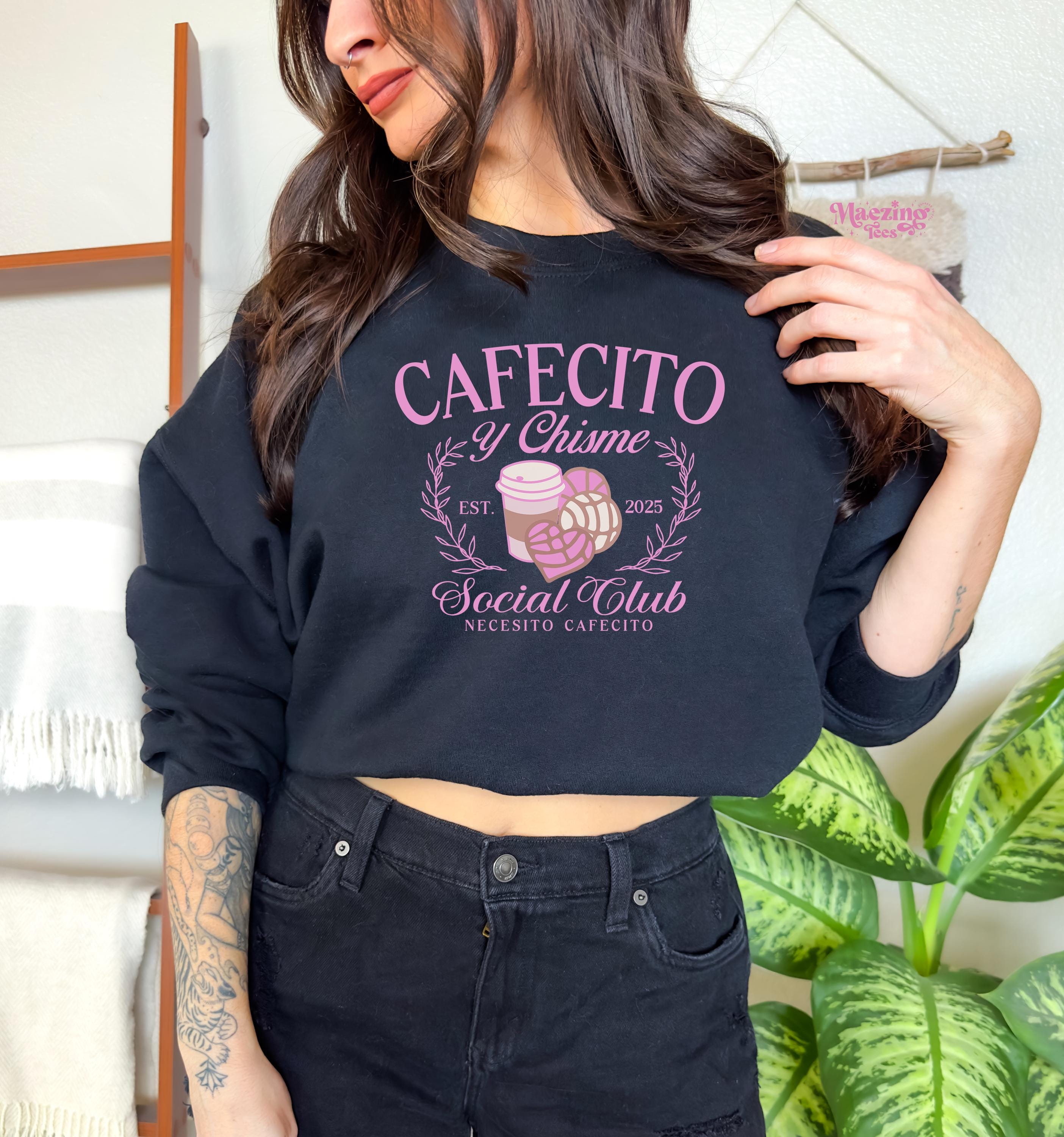 Cafecito y Chisme Sweatshirt, Concha, Coffee Lover, Work Besties, Coworkers , Unisex Crewneck, Gossip, Funny Gift, Coffee Break, Pink