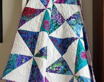 Handmade Pinwheel Patchwork Throw Quilt: Purple, Blue & Green Kaffe Fassett Fabric - Fittonia Backing Fabric