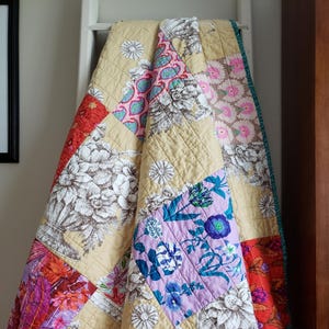 Big Rectangles Checkerboard Handmade Patchwork Throw Quilt:  Colorful & Beige Floral Kaffe Fassett Collective Fabrics