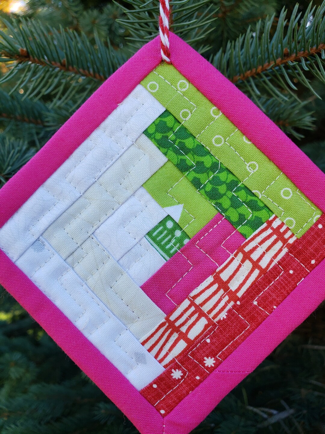 Handmade Quilted Patchwork Christmas Tree Ornament, Pink, Red, Green