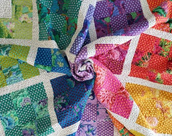 Colorful Handmade Patchwork Throw Quilt:  Rainbow Nine Patches with Floral & Dot Kaffe Fassett Fabrics