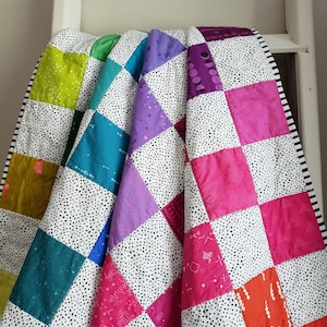 Handmade Rainbow Checkerboard Patchwork Throw Quilt: Modern Multi-Color Blanket